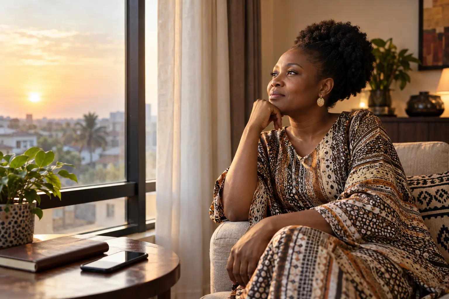 A woman pausing for quiet reflection beside a sunlit window in the morning.