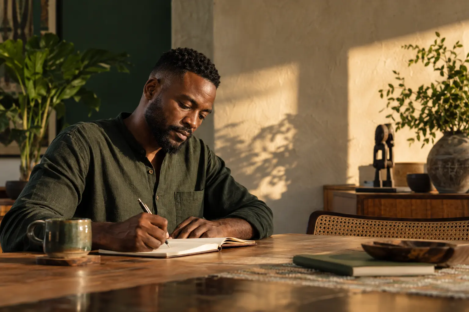 A man writing thoughtfully in a journal during a quiet afternoon.