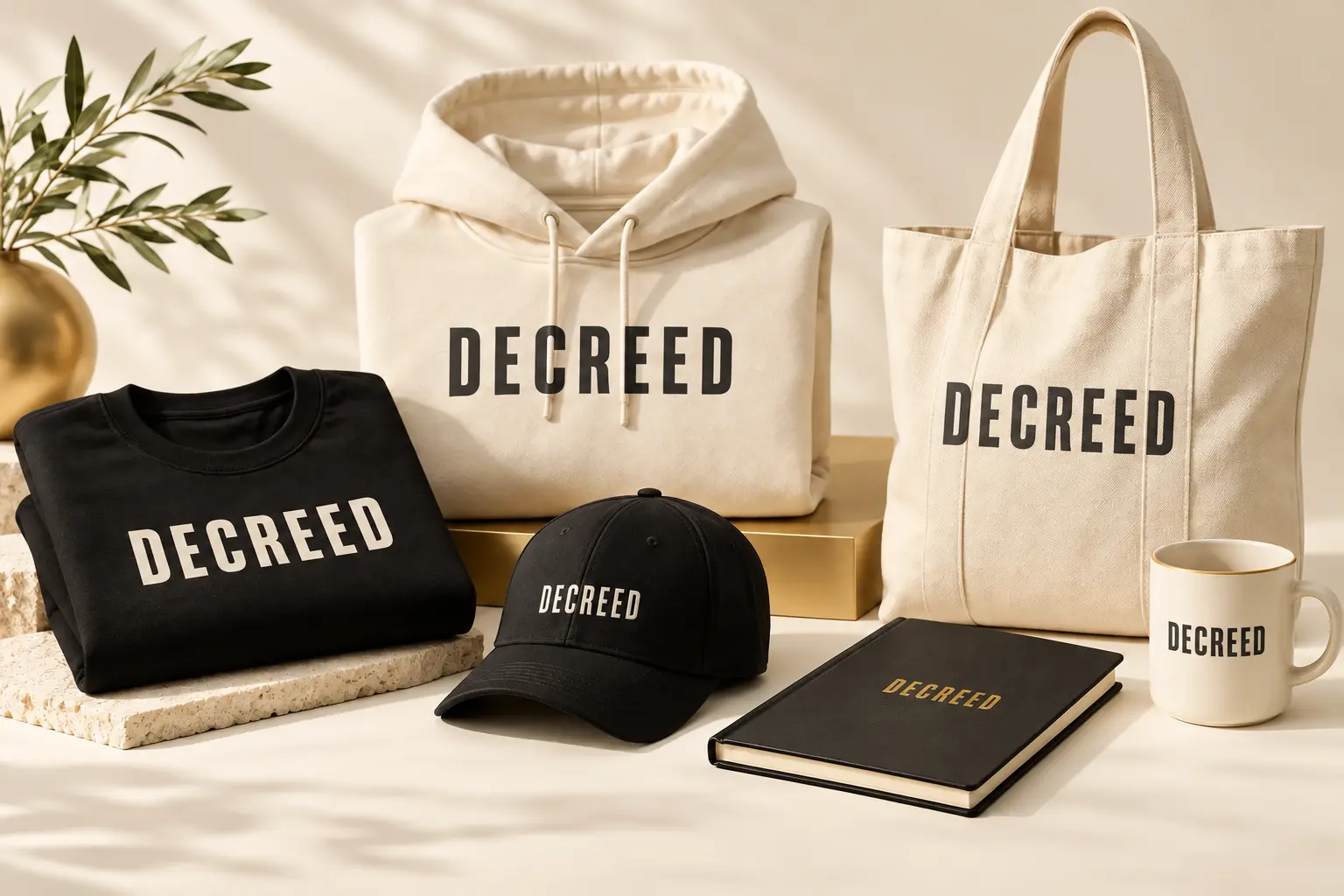 Decreed-branded T-shirt, hoodie, cap, tote, journal and mug
